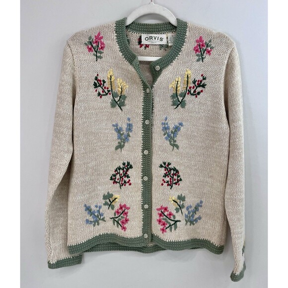 Orvis Sweaters - Vintage Orvis Womens Sweater Small Beige Cardigan Chunky Knit Floral Embroidery